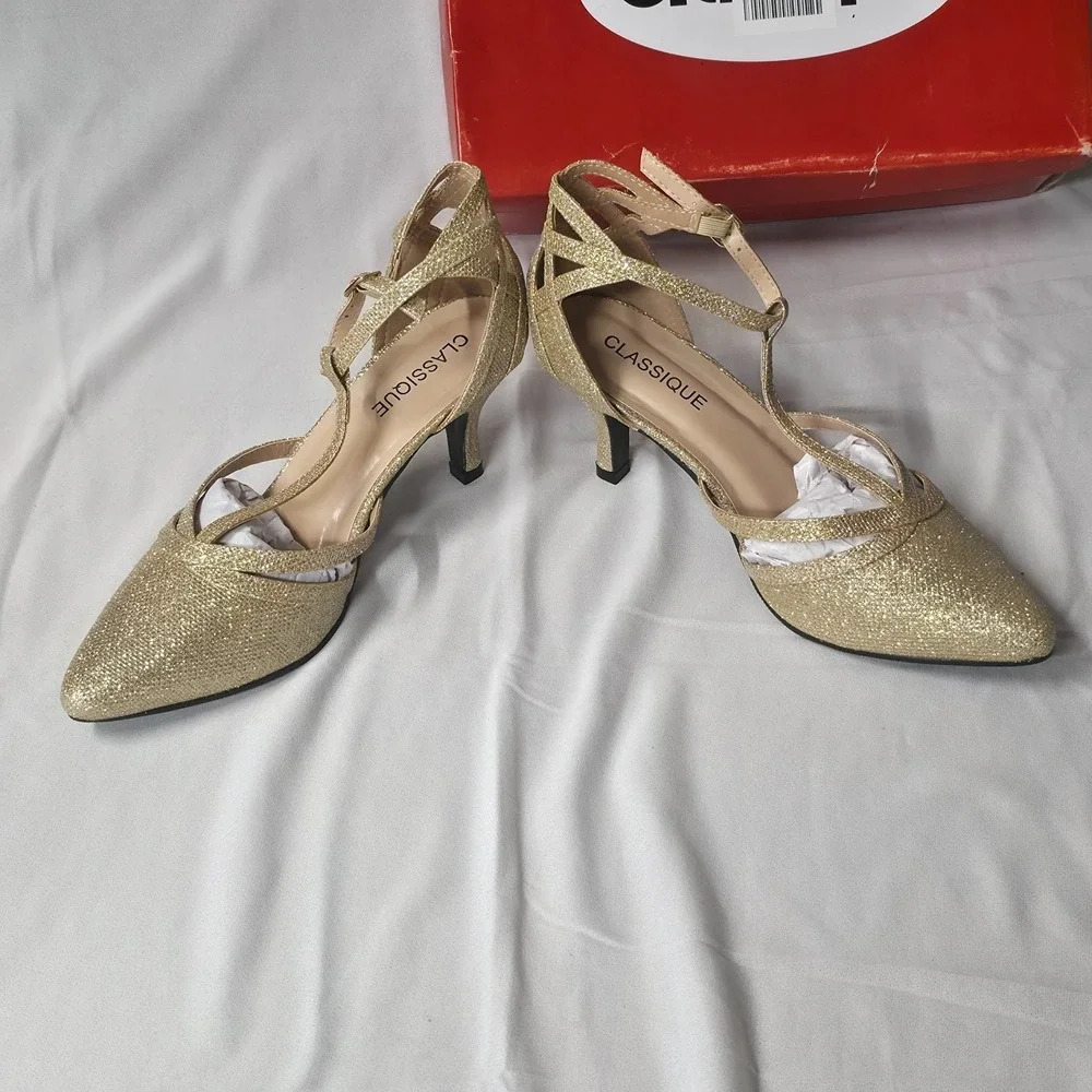 Classique Stacia Women's Glittery Gold Dress‎ 3 Inch Heels Size 9M NIB